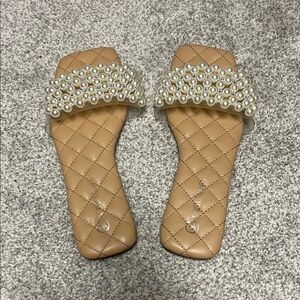 Versona Tan Pearl-Embellished Sandals